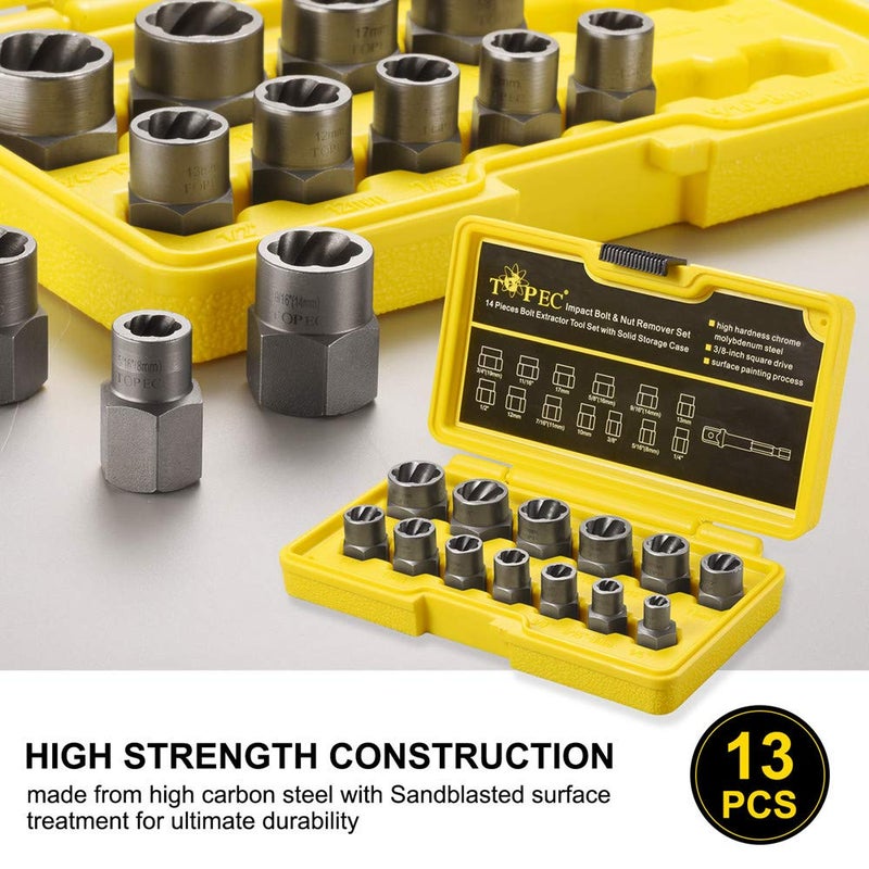 Topec 13+1 Piece Impact Bolt & Nut Remover Set - 3/8"" Drive with Nut Extractor Socket  Hex Adapter  and Bolt Remover Tool for Damaged  Rusted  or Rounded-Off Bolts  Nuts  and Screws - Image 4